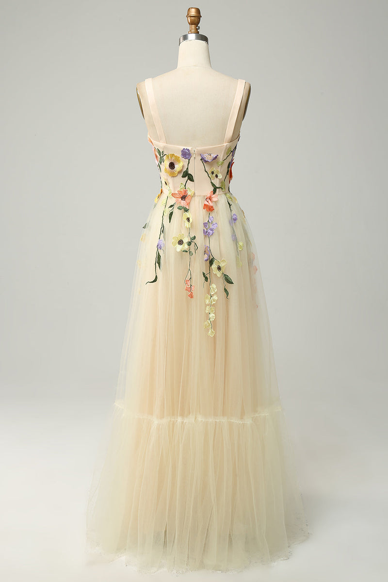 Load image into Gallery viewer, Champagne Spaghetti Straps Long Formal Dress With 3D Flowers