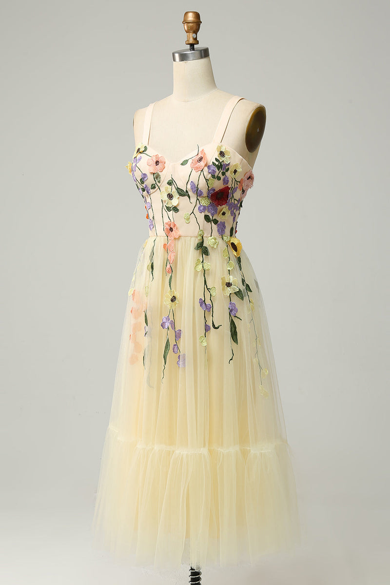 Load image into Gallery viewer, Tulle Champagne Spaghetti Straps Formal Dress With 3D Flowers