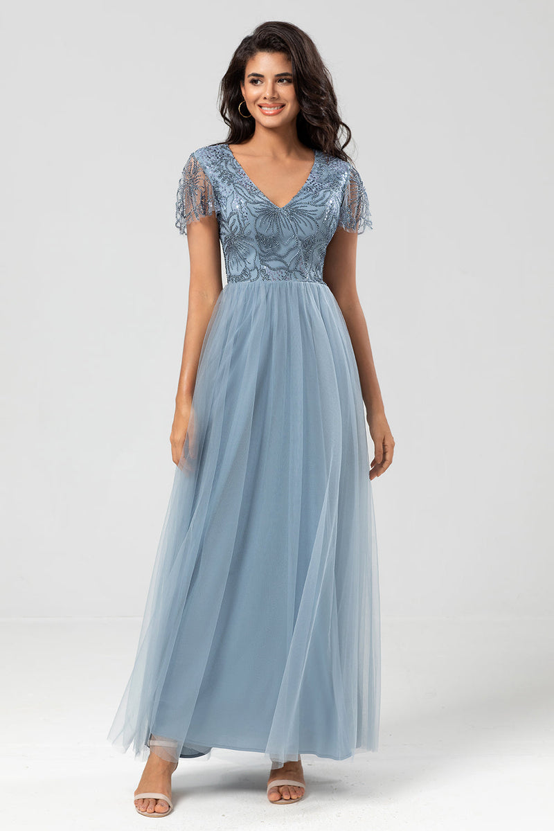 Load image into Gallery viewer, Sparkly V-Neck Dusty Pink Bridesmaid Dress with Beading