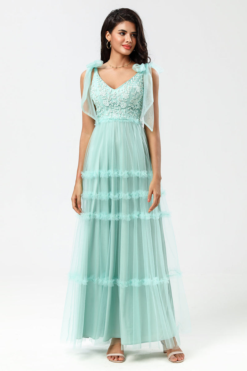 Load image into Gallery viewer, Tulle A-Line Dusty Pink Beaded Bridesmaid Dress