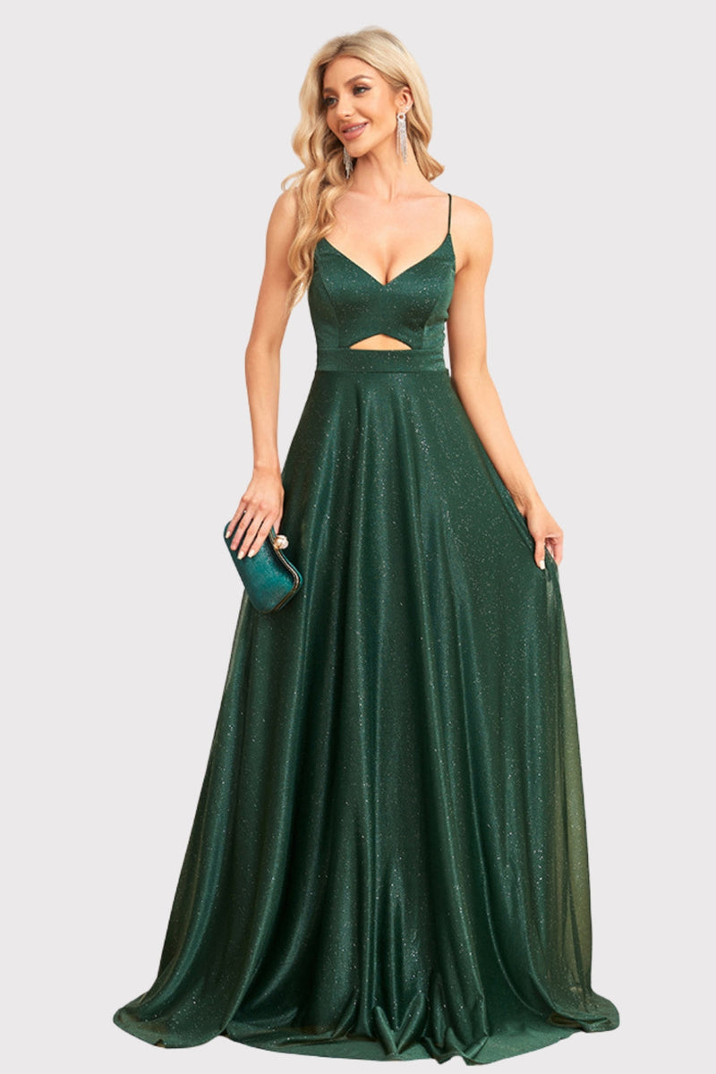 Queendancer Women Sparkly Dark Green Long Formal Dress A-Line Backless