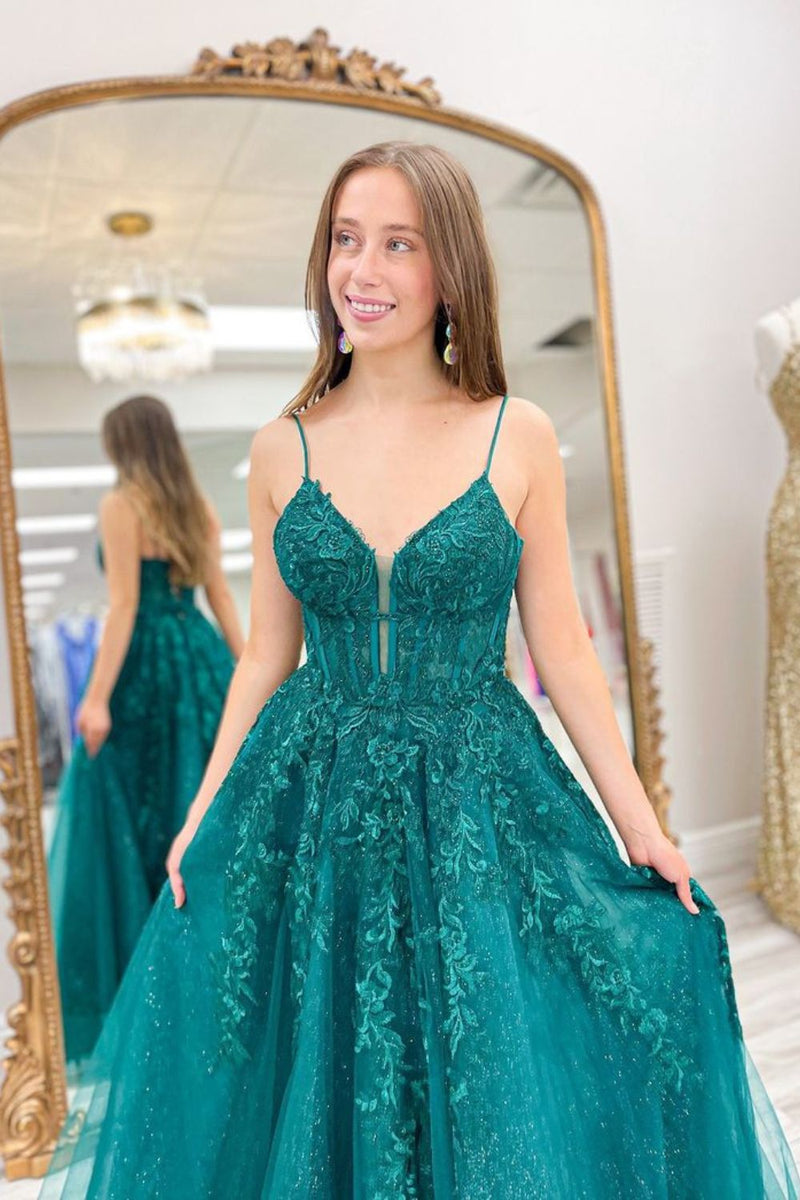 Load image into Gallery viewer, Spaghetti Straps Lace-Up Back Dark Blue Corset Formal Dress with Appliques