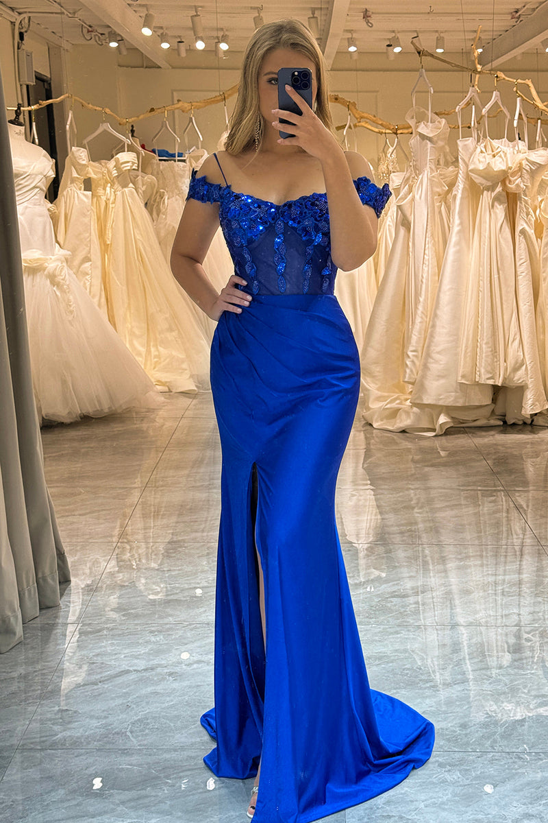One Shoulder Sparkly Evening Dress Long Mermaid Blue Sexy Formal Dress Y6112