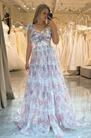 Load image into Gallery viewer, Floral Print A Line Adjustable Straps Tulle Long Formal Dress