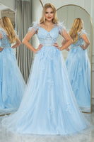 Load image into Gallery viewer, Light Blue A Line Appliqued Long Corset Formal Dress With Feathers
