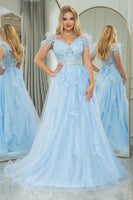 Load image into Gallery viewer, Light Blue A Line Appliqued Long Corset Formal Dress With Feathers