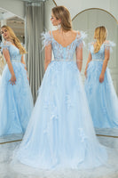 Load image into Gallery viewer, Light Blue A Line Appliqued Long Corset Formal Dress With Feathers