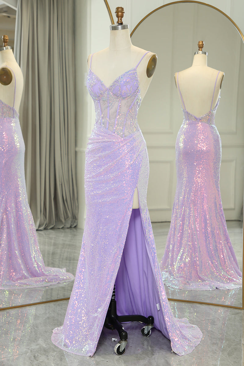 Queendancer Women Glitter Light Purple Long Corset Formal Dress Mermaid