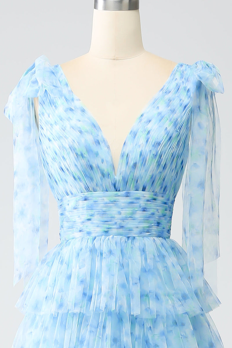 Load image into Gallery viewer, A-Line V-Neck Light Blue Tiered Formal Dress