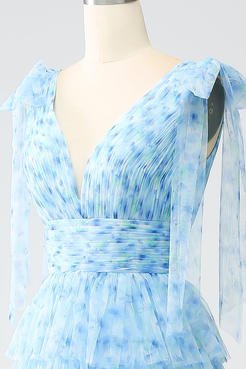 Load image into Gallery viewer, A-Line V-Neck Light Blue Tiered Formal Dress
