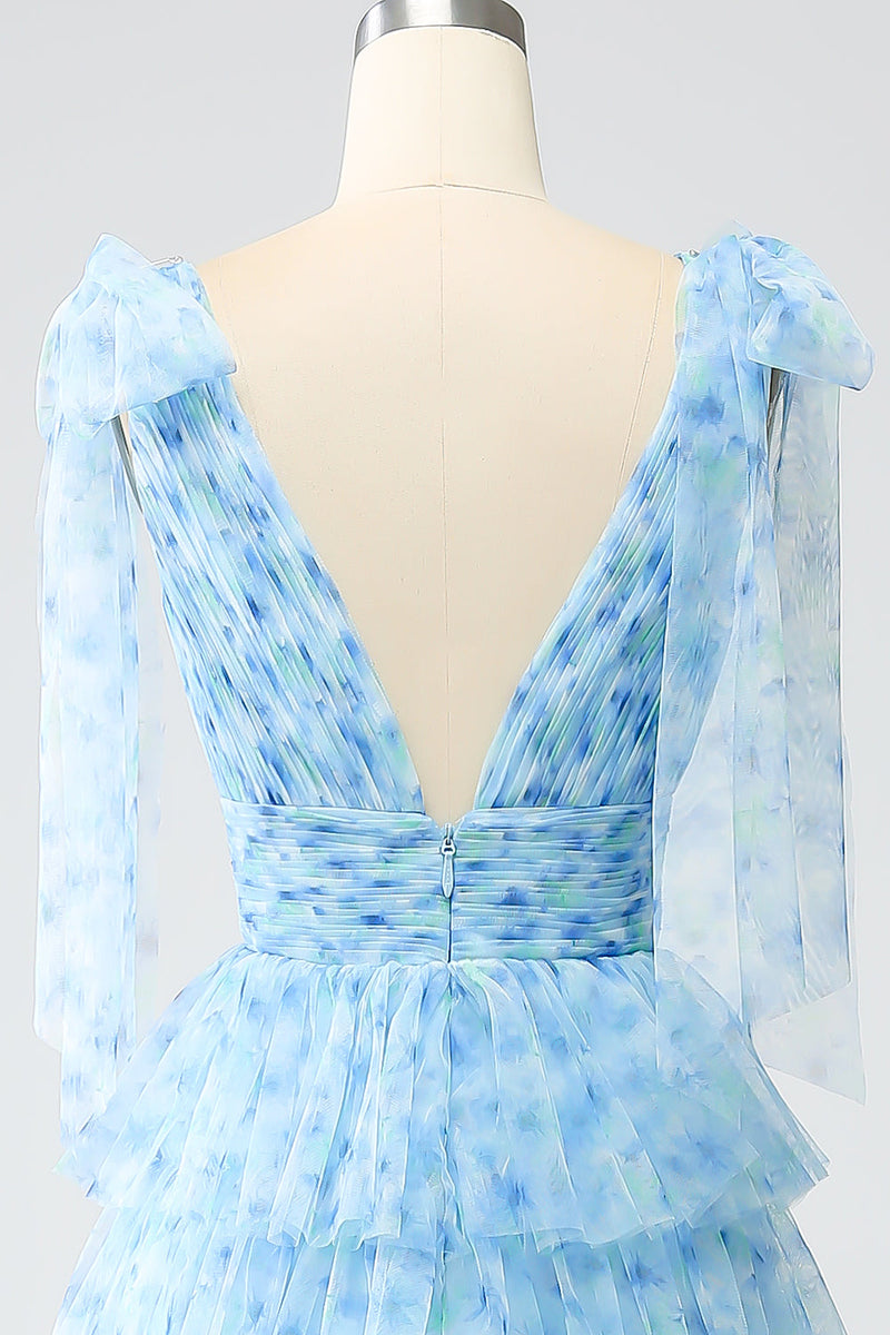 Load image into Gallery viewer, A-Line V-Neck Light Blue Tiered Formal Dress