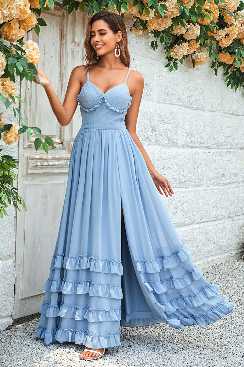Load image into Gallery viewer, Charming A Line Spaghetti Straps Dusty Blue Long Bridesmaid Dress with Criss Cross Back