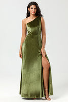Load image into Gallery viewer, Velvet One Shoulder Olive Bridesmaid Dress with Split Front