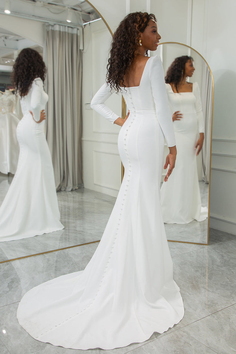 Square Neck Mermaid High SIit Sweep Train Dresses Ivory