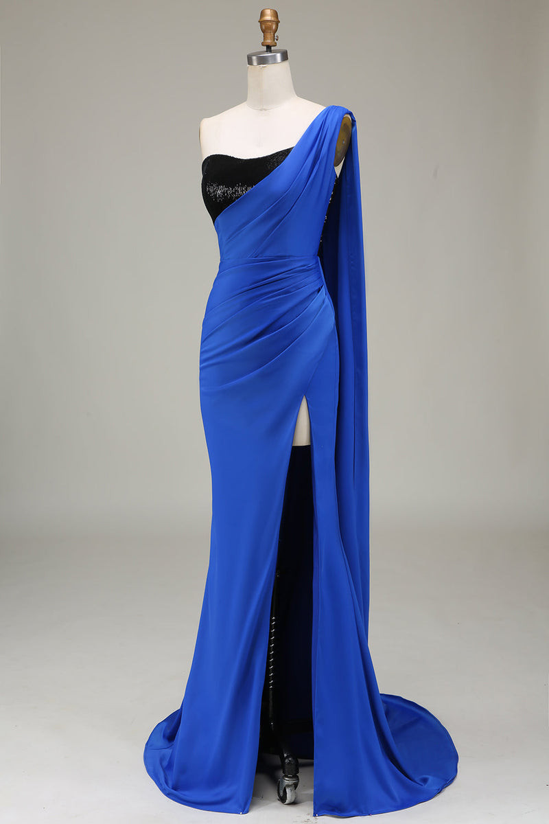 30015 Royal Blue Off-Shoulder Slit Satin Dress