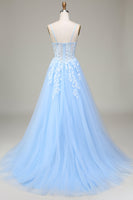 Load image into Gallery viewer, Tulle A-Line Spaghetti Straps Sky Blue Formal Dress with Appliques
