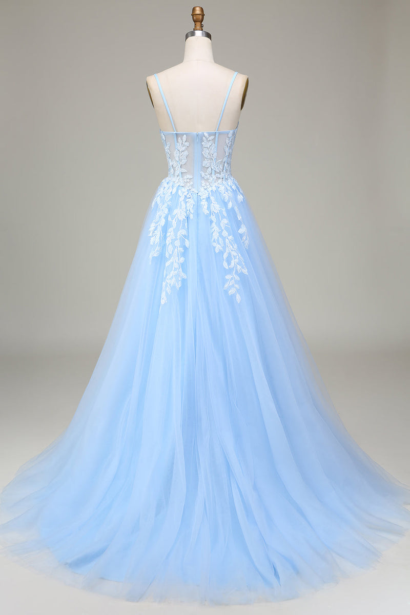 Sky Blue Formal Dress A Line Appliques Bodice Layers Formal Dress