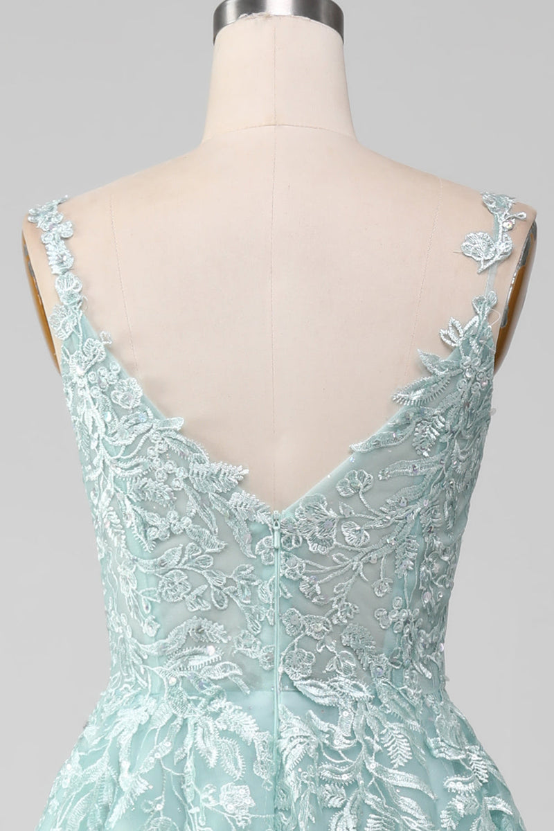 Load image into Gallery viewer, Glitter Mint A-Line Tulle Long Formal Dress with Lace