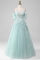 Load image into Gallery viewer, Mint Ball Gown Off The Shoulder Beaded Prom Dresses With Appliques