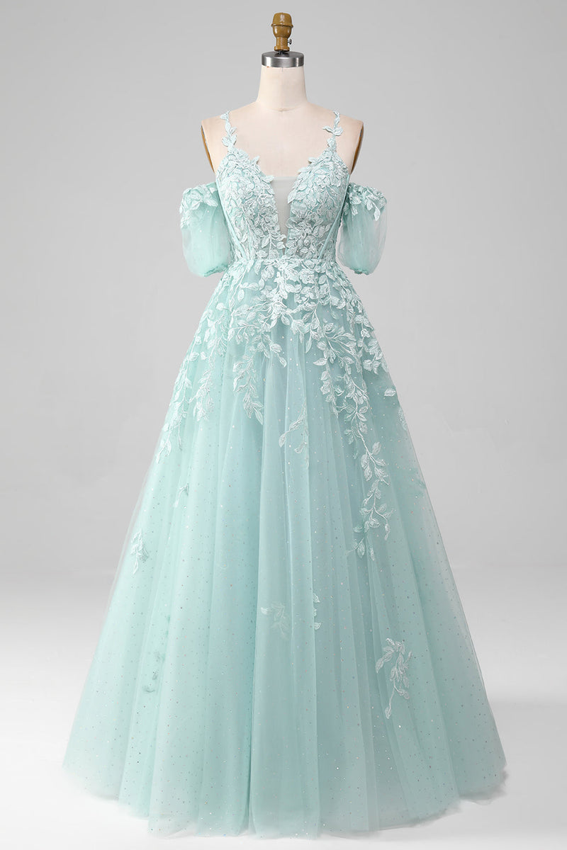 Load image into Gallery viewer, Mint Ball Gown Off The Shoulder Beaded Prom Dresses With Appliques