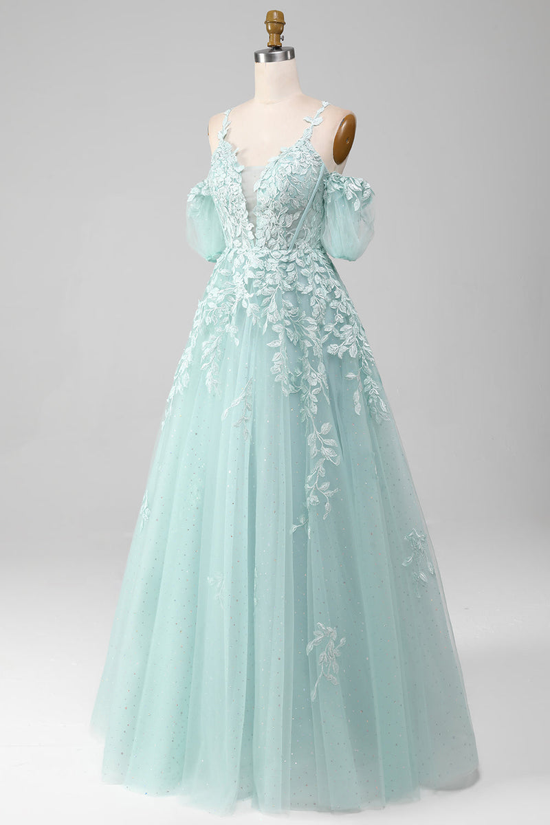 Load image into Gallery viewer, Mint Ball Gown Off The Shoulder Beaded Prom Dresses With Appliques