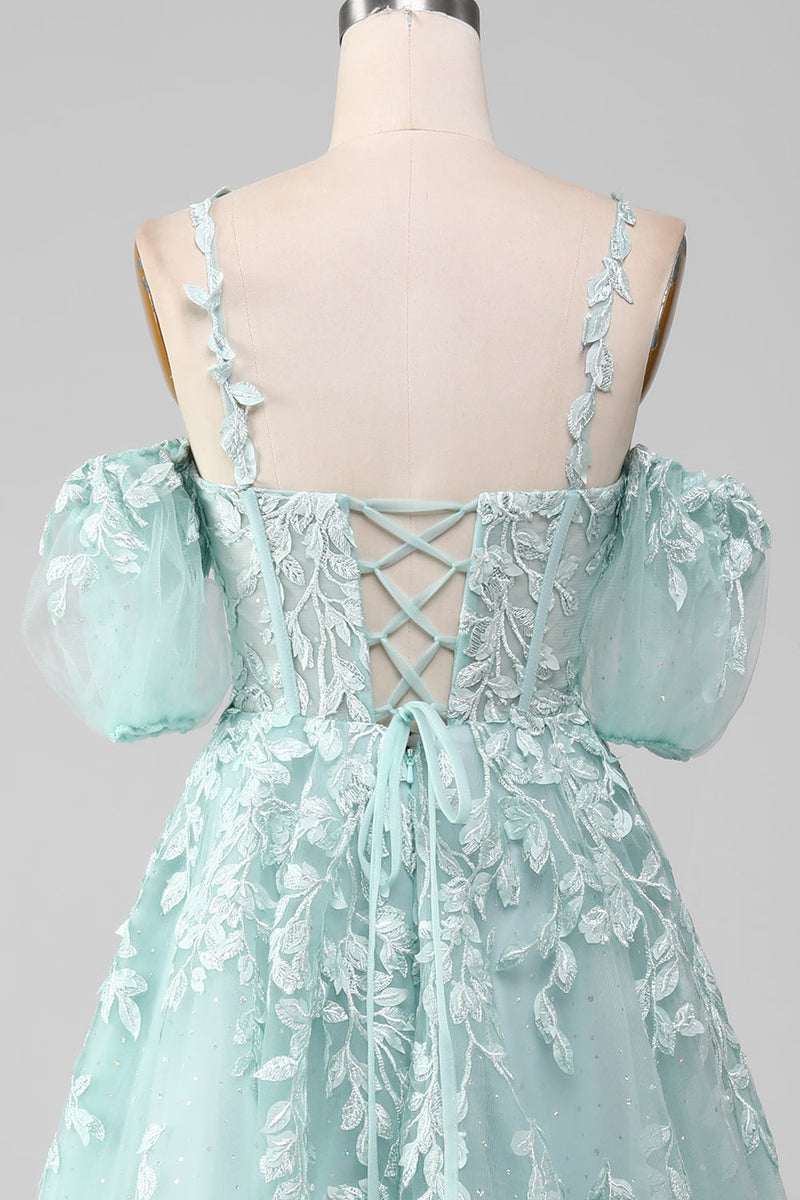 Load image into Gallery viewer, Mint Ball Gown Off The Shoulder Beaded Prom Dresses With Appliques