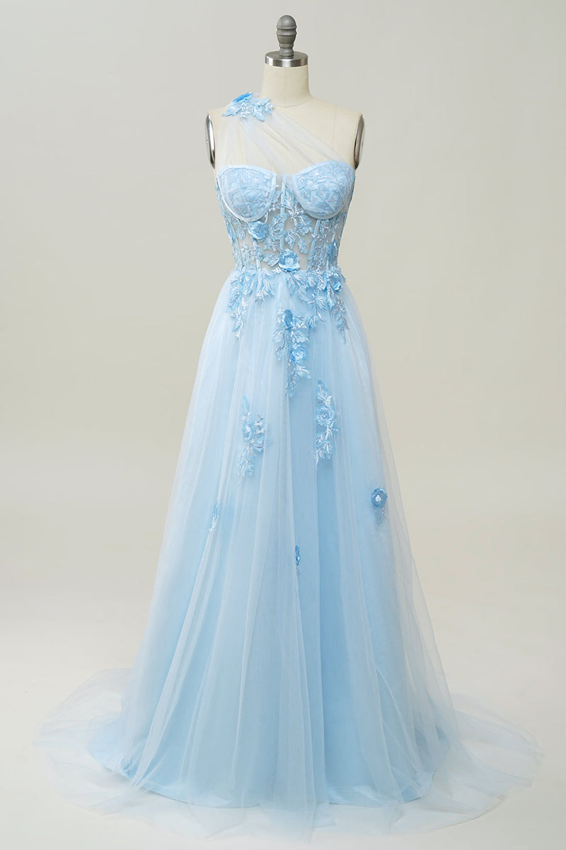 Load image into Gallery viewer, A Line One Shoulder Black Long Formal Dress with Appliques