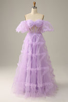 Load image into Gallery viewer, A Line Off the Shoulder Light Blue Tulle Corset Formal Dress with Bowknot