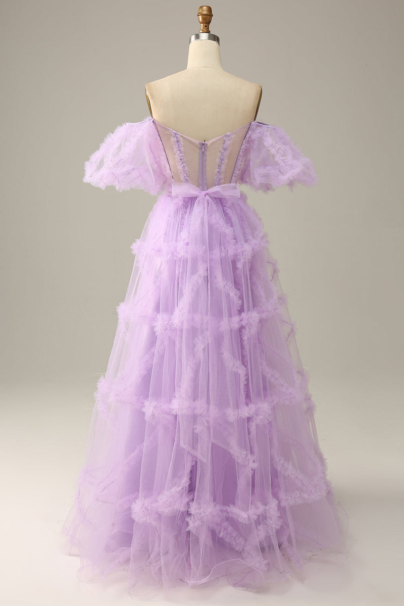Load image into Gallery viewer, A Line Off the Shoulder Pink Tulle Corset Formal Dress with Bowknot
