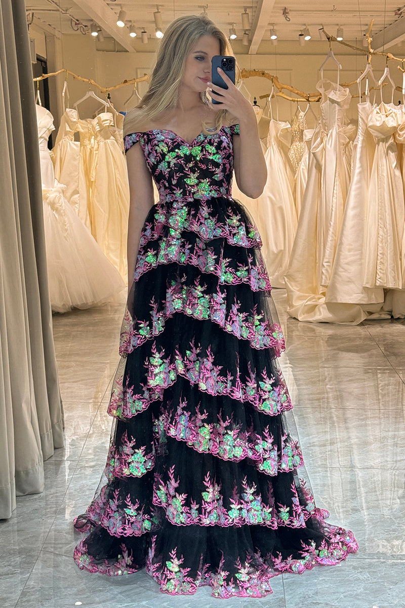 Queendancer Women Black Pink Long Formal Dress Sparkly Tiered A-Line