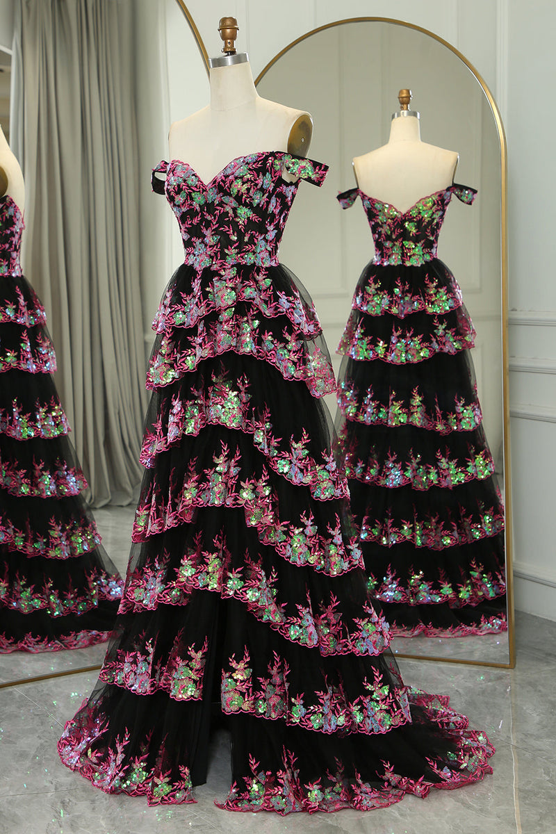 Queendancer Women Glitter Black Pink Long Formal Dress A-Line Tiered