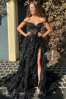 Load image into Gallery viewer, Dark Blue Off The Shoulder Tiered Formal Dress