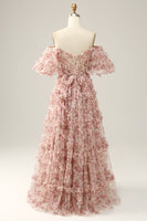 Load image into Gallery viewer, Pink Green Flower Off The Shoulder Formal Dress