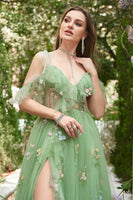 Load image into Gallery viewer, A-Line V-Neck Spaghetti Straps Embroidery Lavender Long Formal Dress with Slit