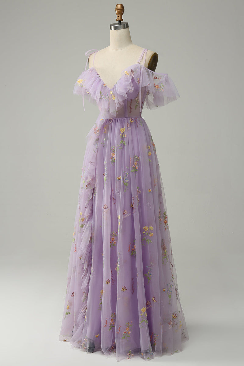 Load image into Gallery viewer, A-Line V-Neck Spaghetti Straps Embroidery Lavender Long Formal Dress with Slit