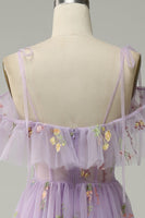 Load image into Gallery viewer, A-Line V-Neck Spaghetti Straps Embroidery Lavender Long Formal Dress with Slit