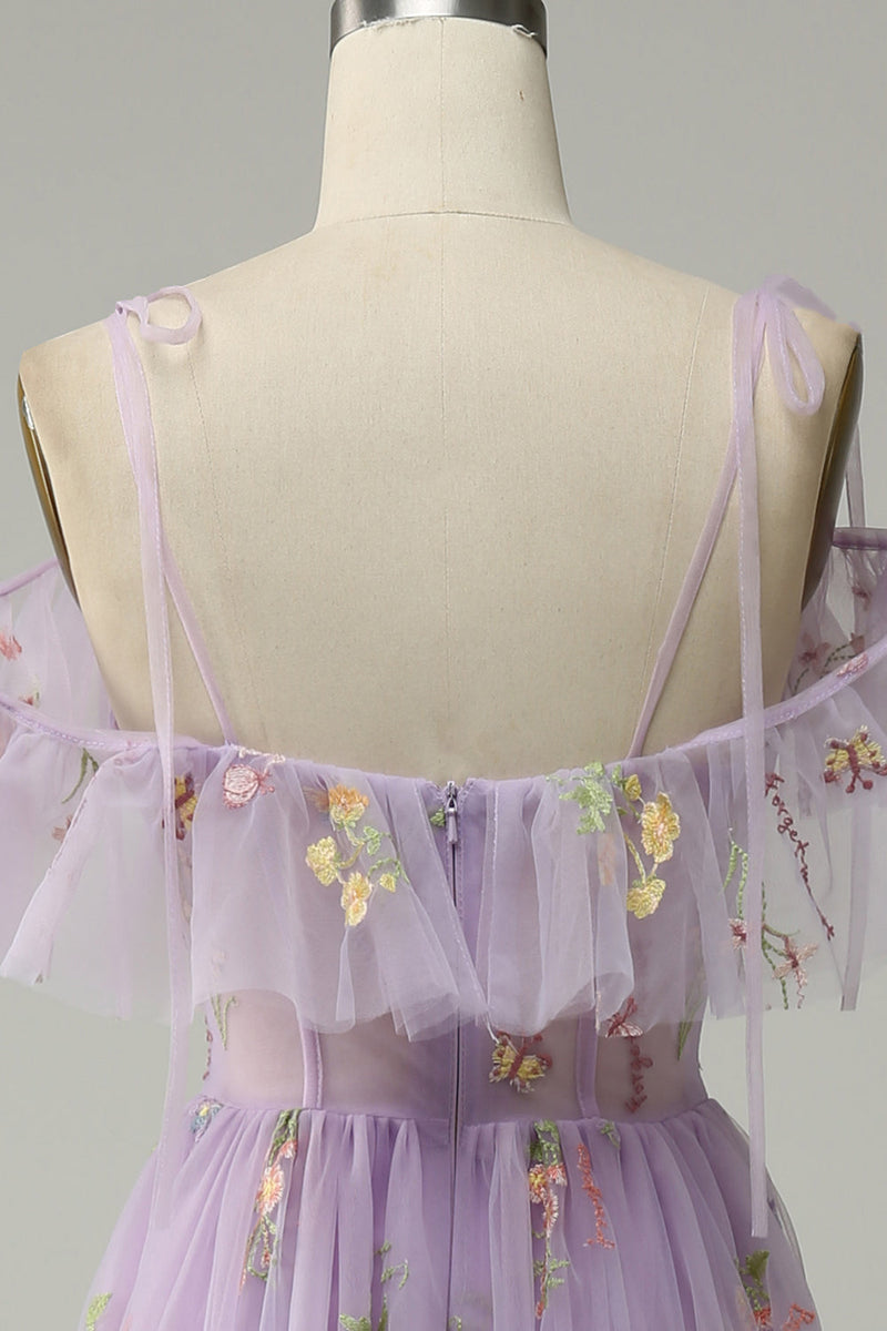Load image into Gallery viewer, A-Line V-Neck Spaghetti Straps Embroidery Lavender Long Formal Dress with Slit