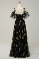 Load image into Gallery viewer, A-Line V-Neck Spaghetti Straps Embroidery Black Long Formal Dress with Slit