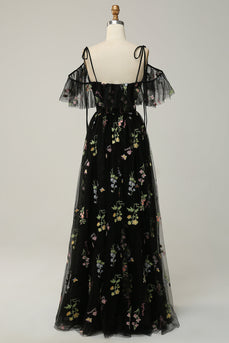 A-Line V-Neck Spaghetti Straps Embroidery Black Long Formal Dress with Slit