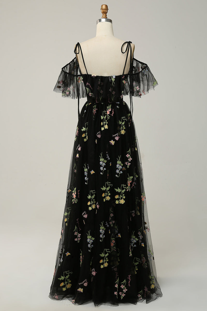 Load image into Gallery viewer, A-Line V-Neck Spaghetti Straps Embroidery Black Long Formal Dress with Slit