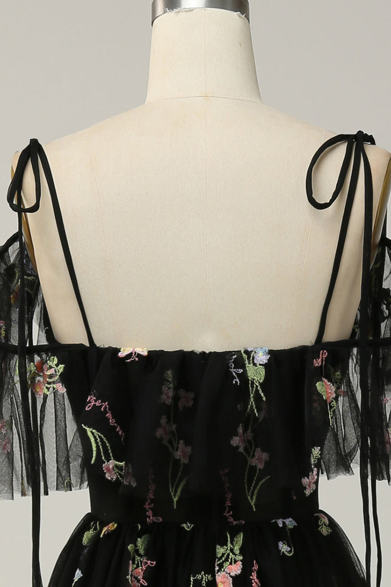 Load image into Gallery viewer, A-Line V-Neck Spaghetti Straps Embroidery Black Long Formal Dress with Slit