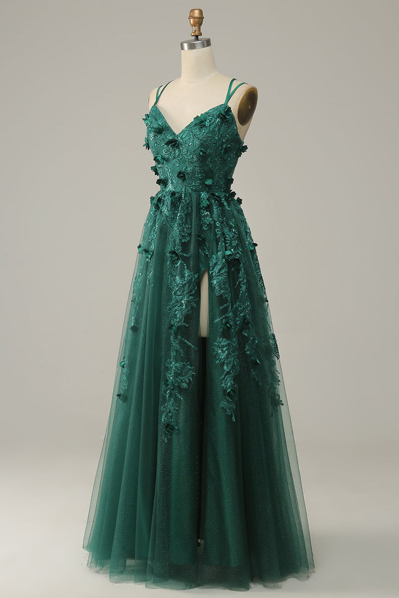 Load image into Gallery viewer, Dark Green A Line Tulle Formal Dress with Slit