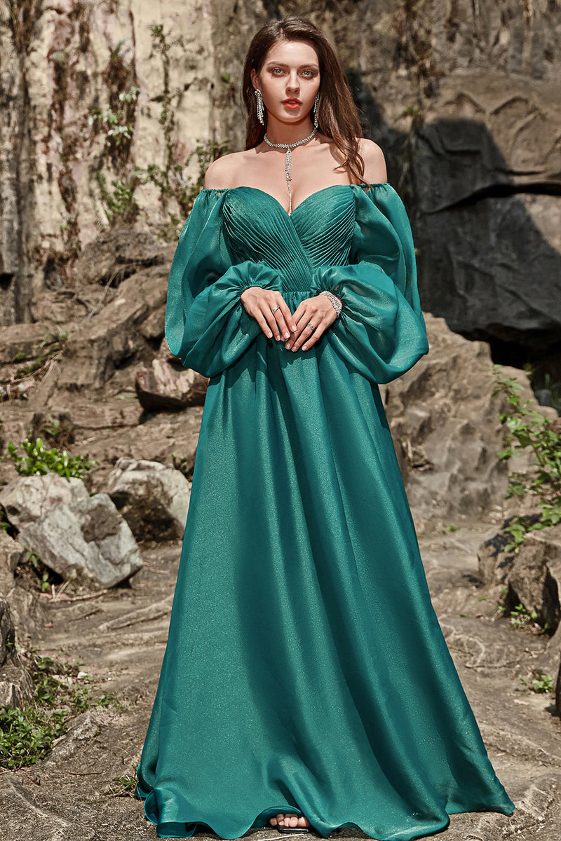 Load image into Gallery viewer, Navy Off Shoulder Long Sleeves Formal Dress with Ruffles