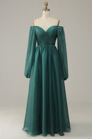 Load image into Gallery viewer, Navy Off Shoulder Long Sleeves Formal Dress with Ruffles