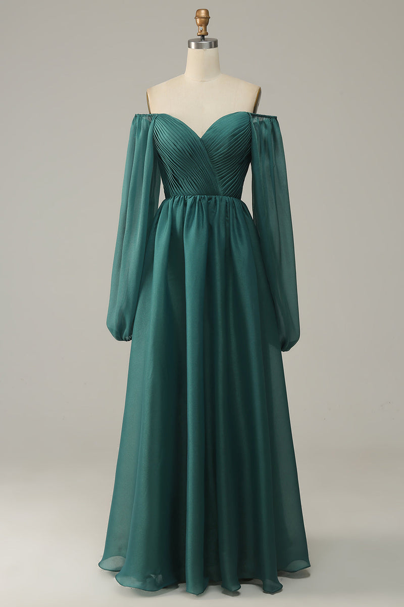Load image into Gallery viewer, Navy Off Shoulder Long Sleeves Formal Dress with Ruffles