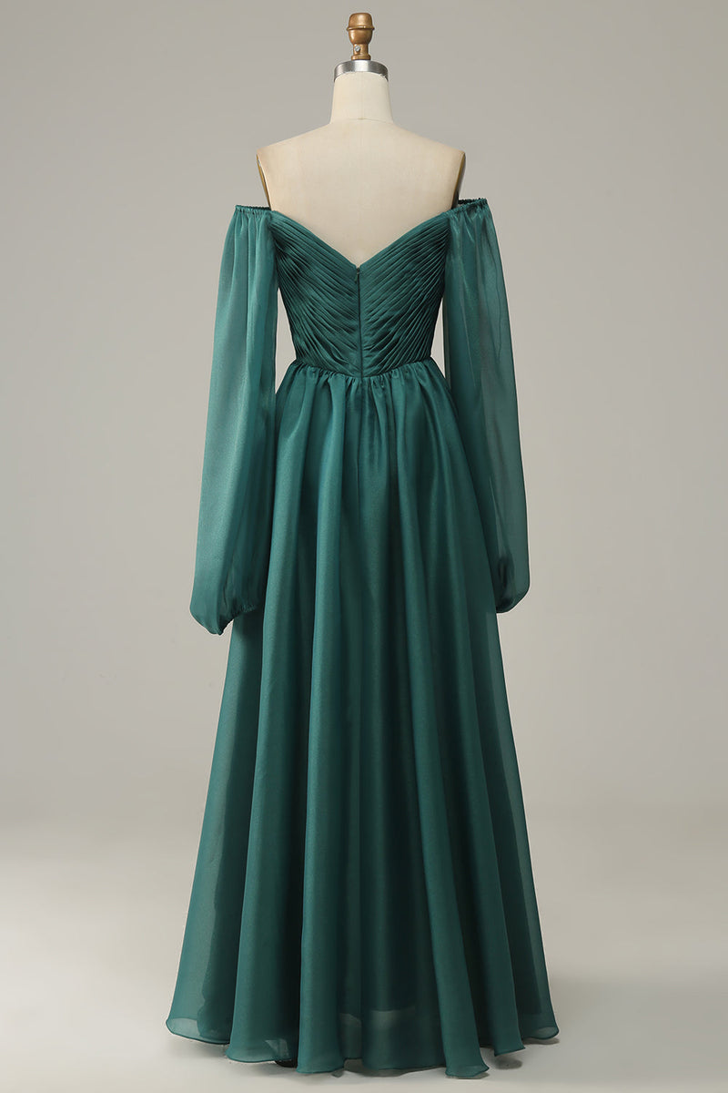 Load image into Gallery viewer, Navy Off Shoulder Long Sleeves Formal Dress with Ruffles