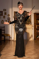 Load image into Gallery viewer, Sheath V Neck Black Sequins Long 1920s Flapper Dress with Fringes