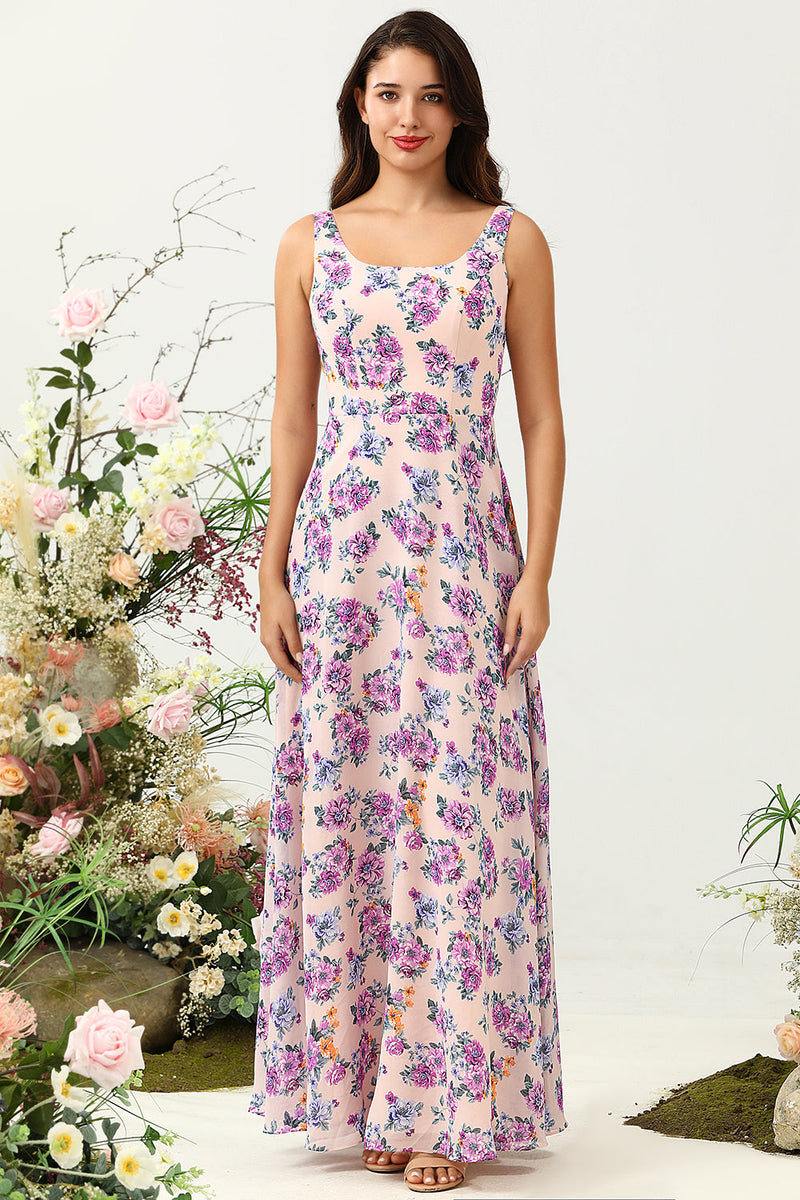 Load image into Gallery viewer, A Line Square Neck Pink Floral Printed Long Bridesmaid Dress with Open Back
