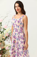 Load image into Gallery viewer, A Line Square Neck Pink Floral Printed Long Bridesmaid Dress with Open Back
