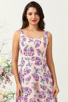 Load image into Gallery viewer, A Line Square Neck Pink Floral Printed Long Bridesmaid Dress with Open Back